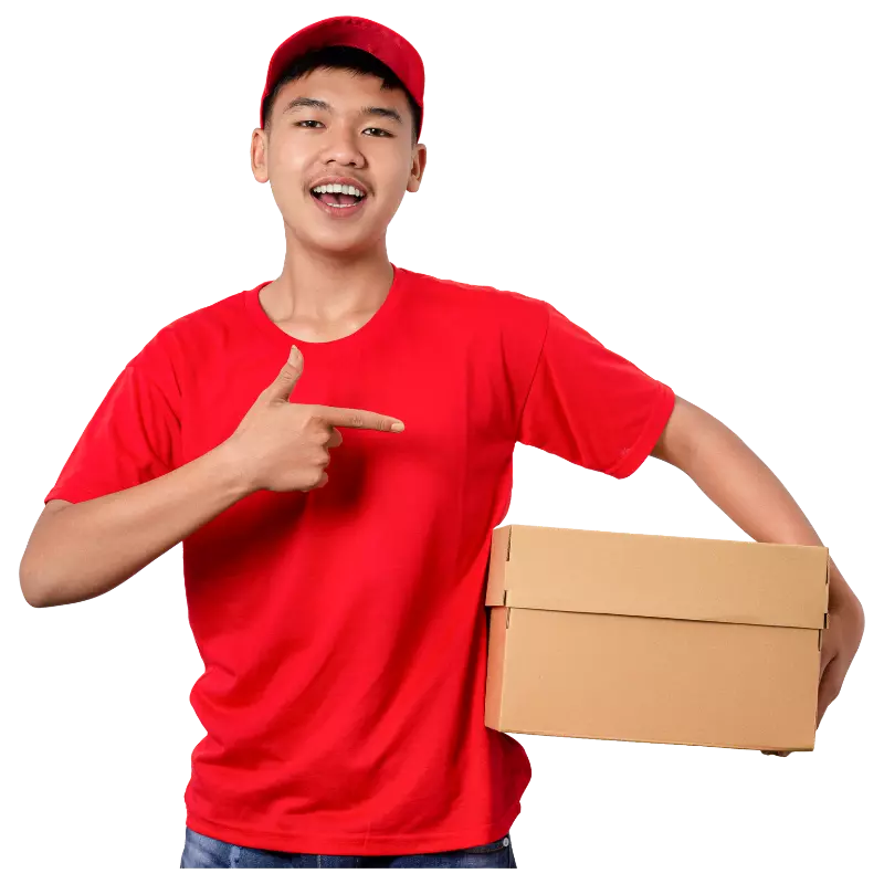 boy pointing finger to a box